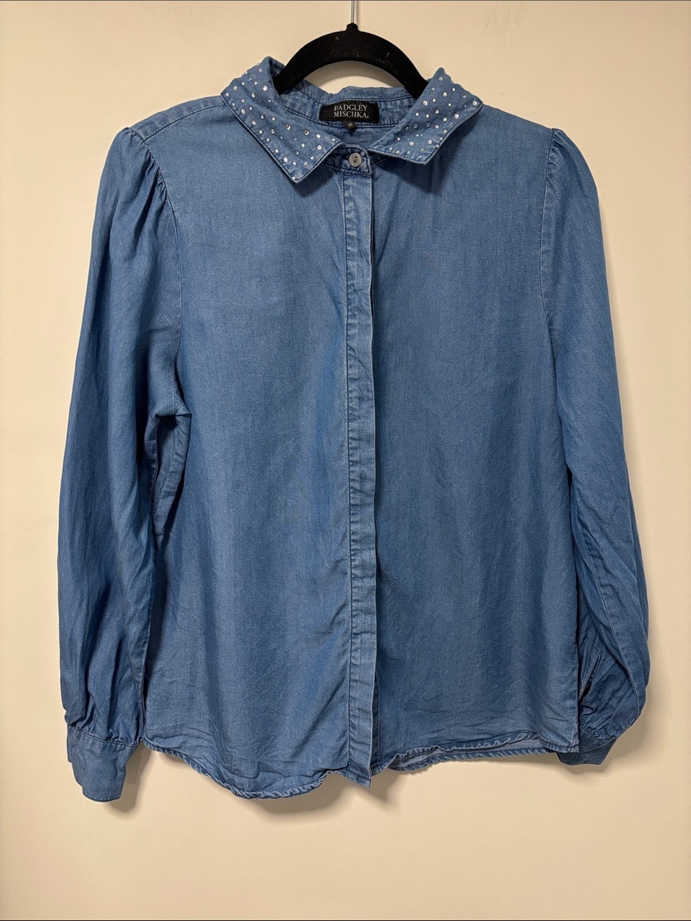 Badgley Mischka Light Blue Chambray Shirt with Crystal Studs - Picture 2 of 8